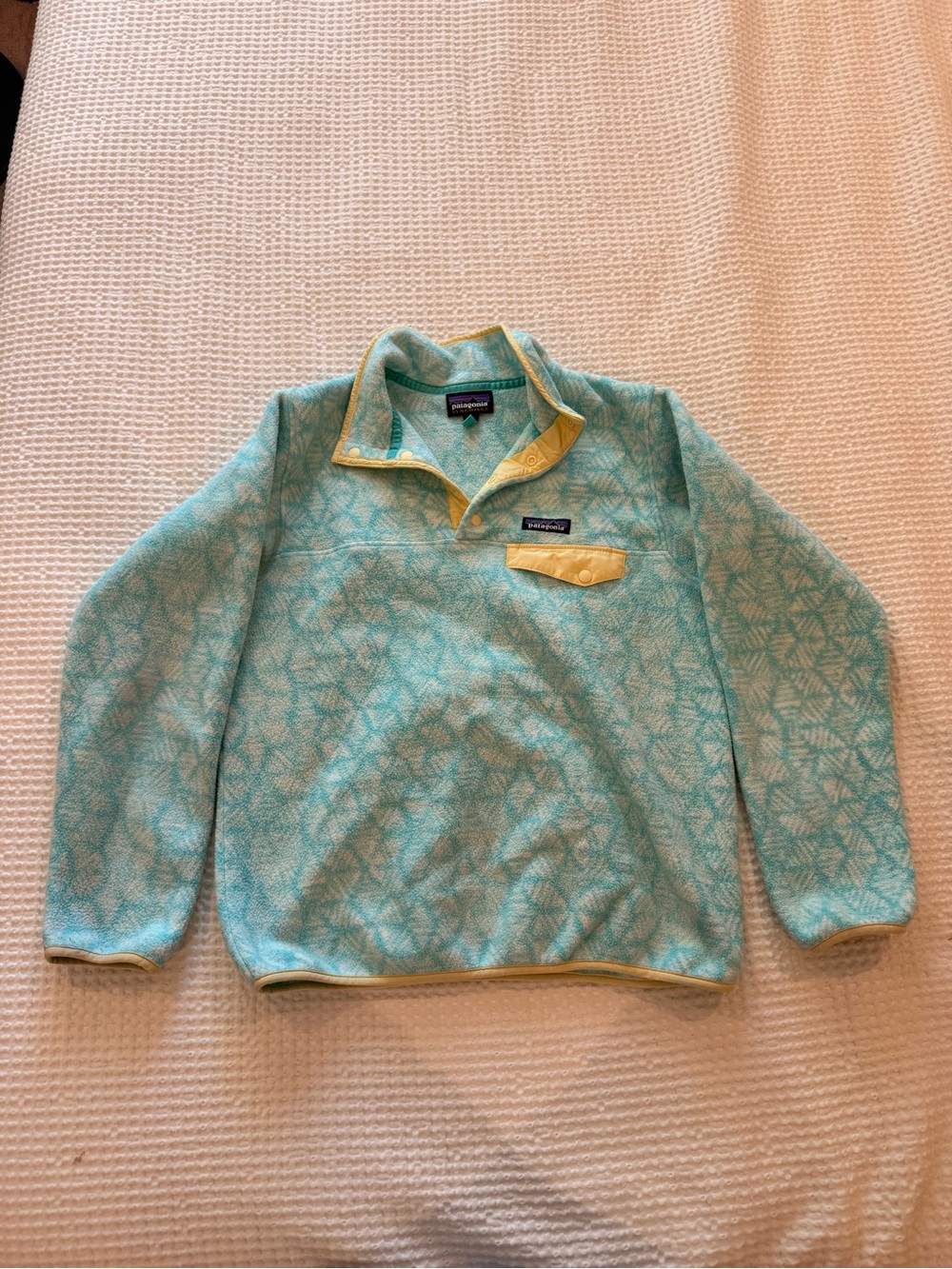 Patagonia Men's Aqua Patterned Zip-Up Fleece with Yellow Trim